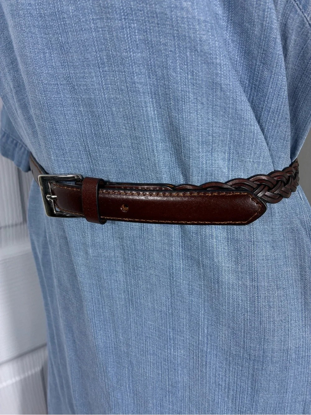 Plus Size Womens belt 50” long  Brown braided Leather with Silver Buckle
